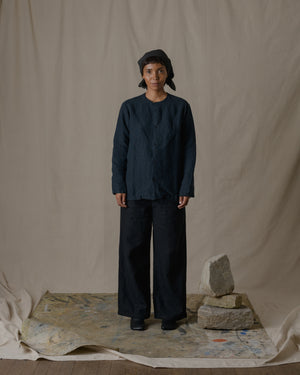 Unisex No Collar Plain Shirt Hemp in Black