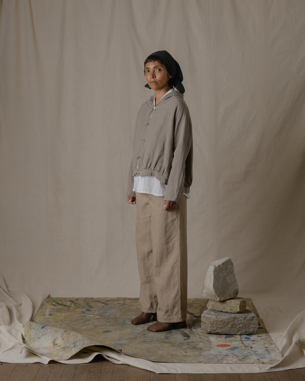 Stole Collar Blouson Hemp in Beige