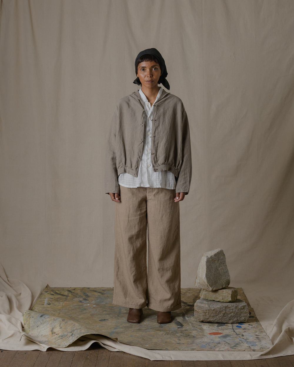 Stole Collar Blouson Hemp in Beige