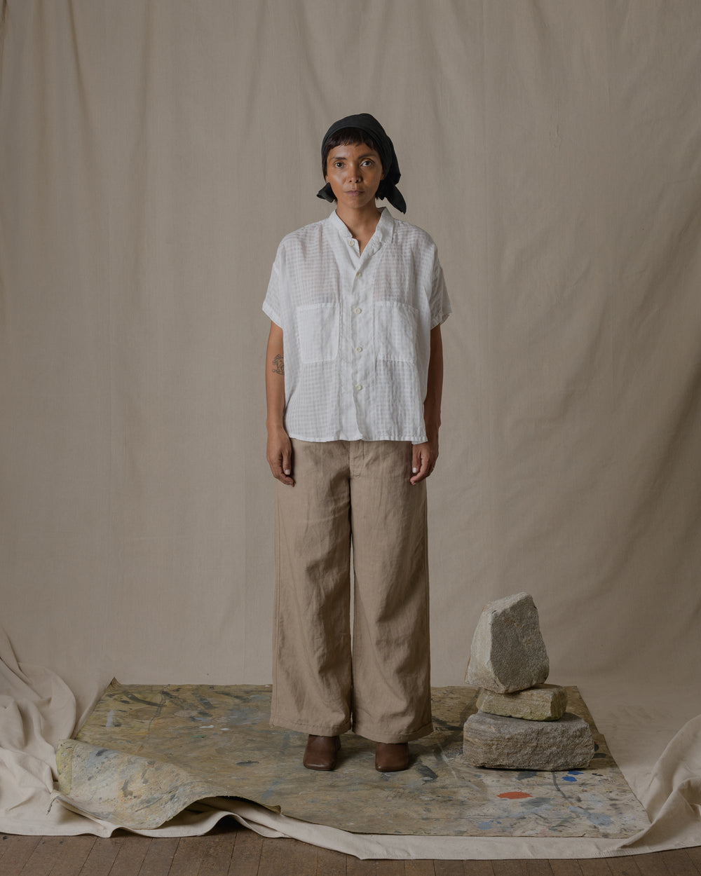 Shrunk Short Sleeve Shirt Linen Ramie Check in Off White