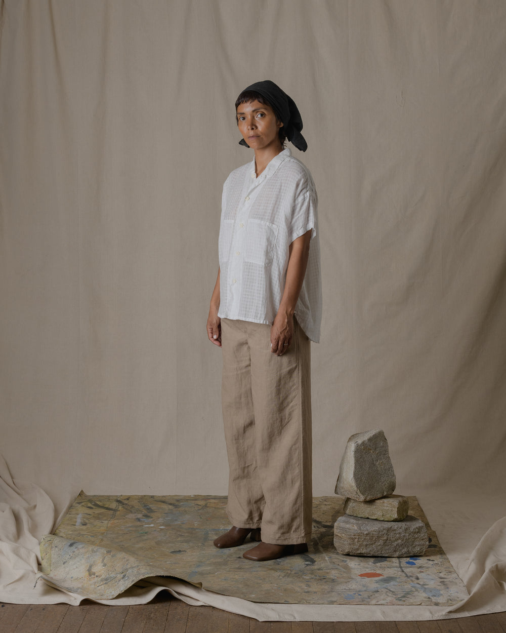 Shrunk Short Sleeve Shirt Linen Ramie Check in Off White