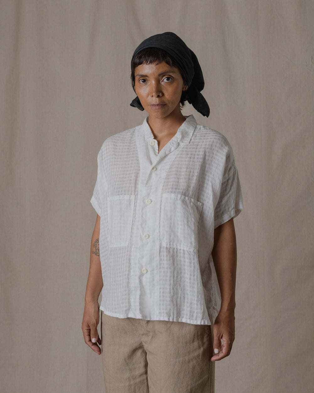Shrunk Short Sleeve Shirt Linen Ramie Check in Off White