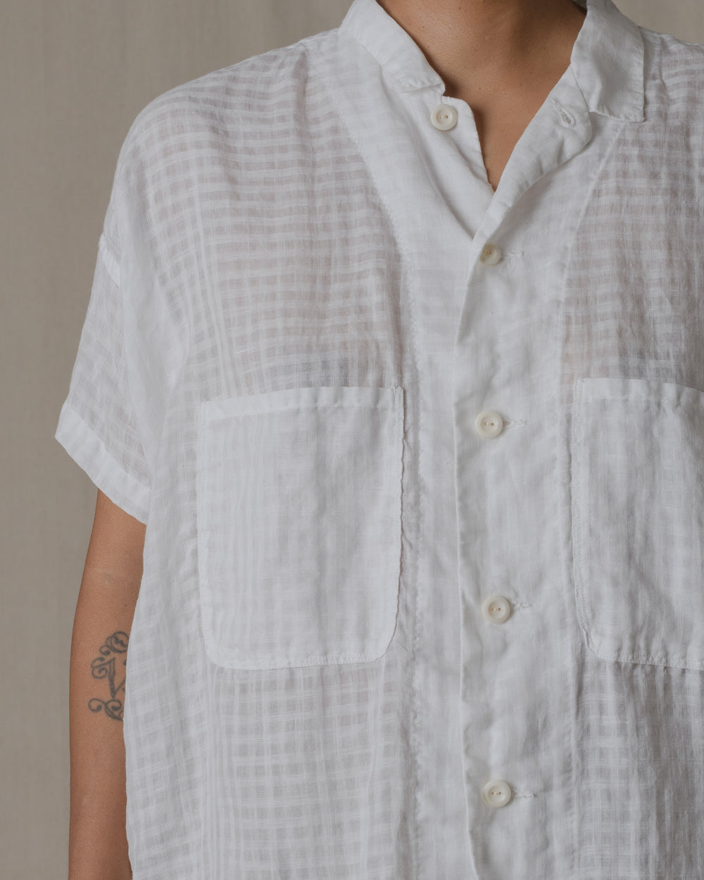 Shrunk Short Sleeve Shirt Linen Ramie Check in Off White