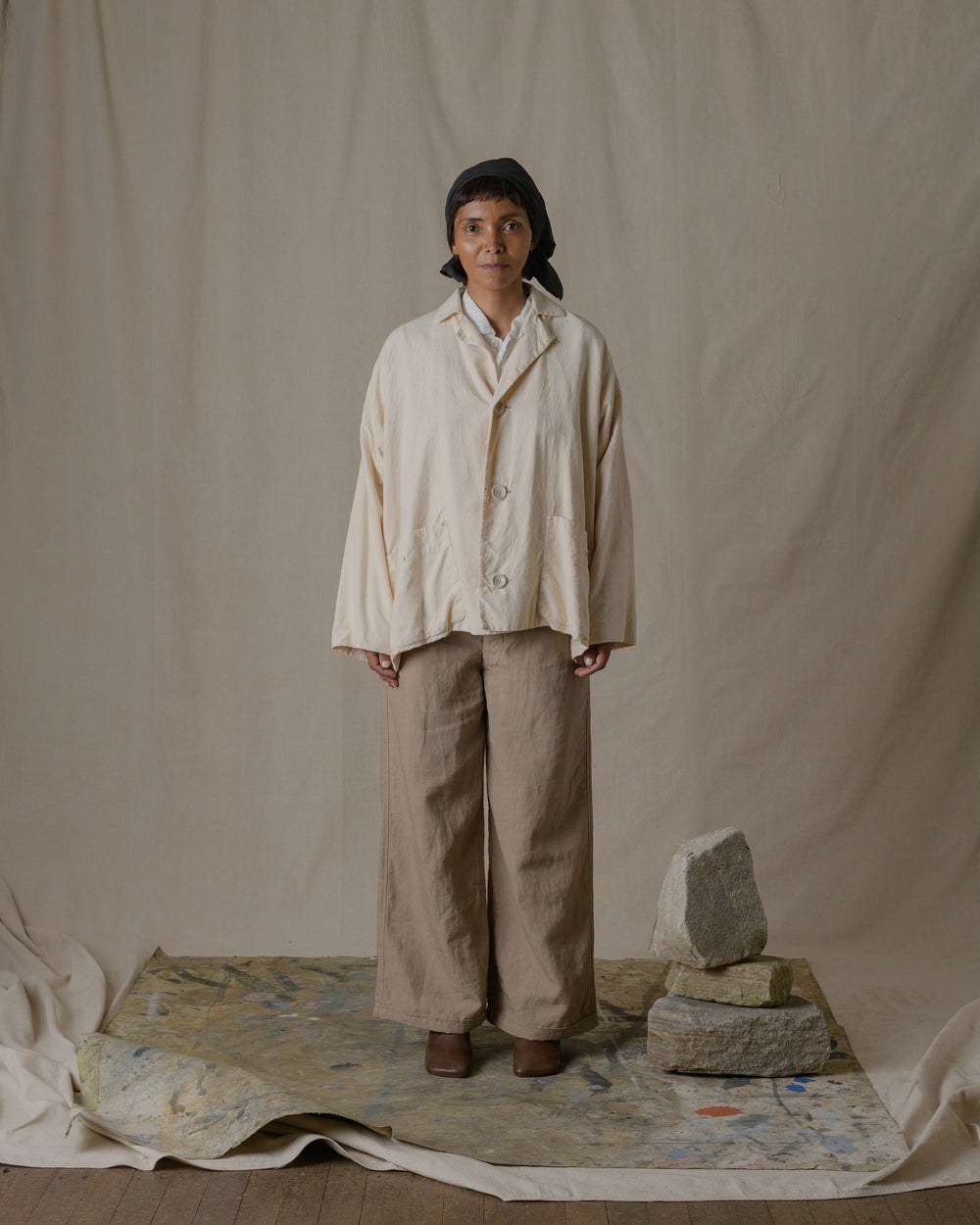 Handwoven Stole Jacket with Lining Silk in Natural