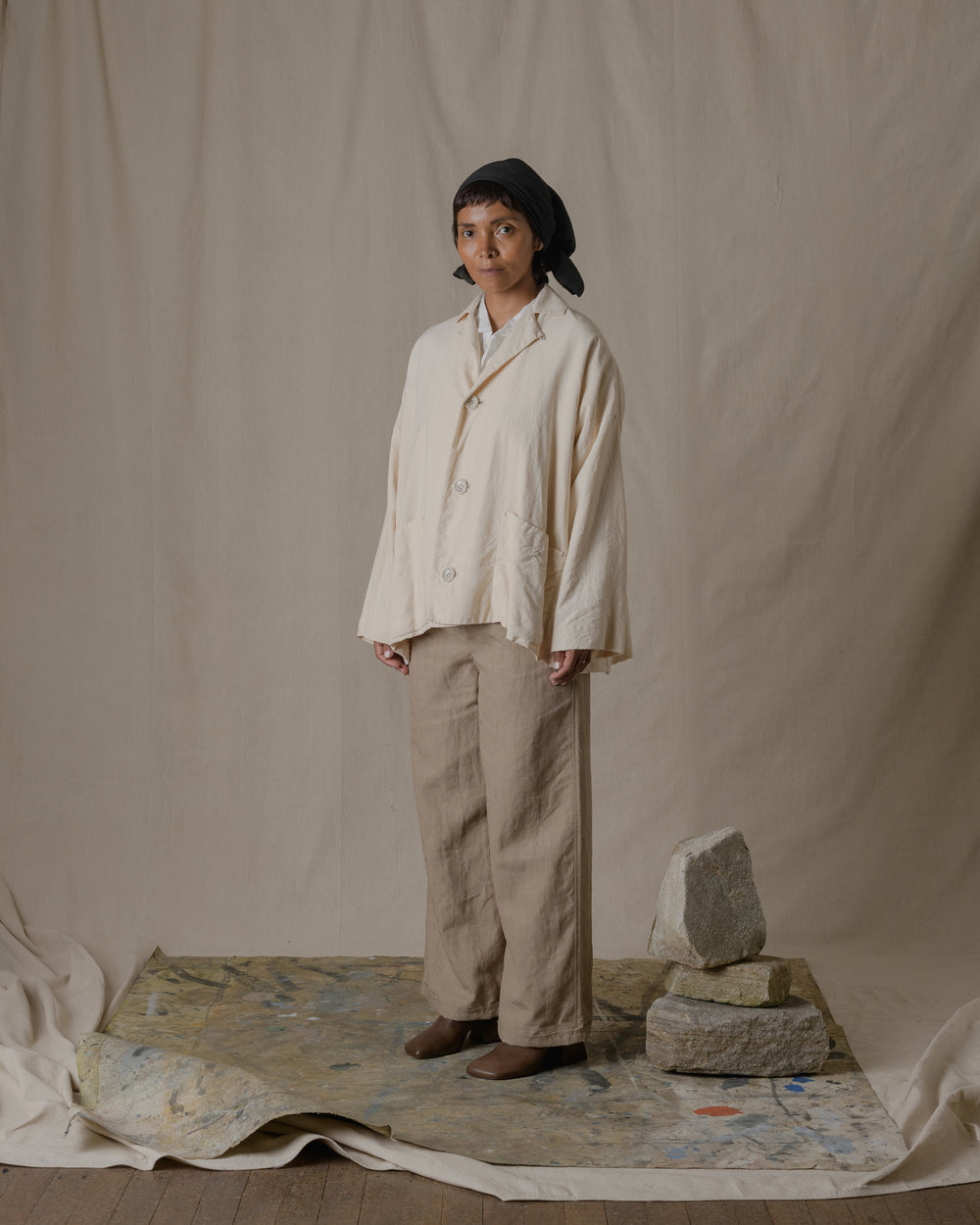 Handwoven Stole Jacket with Lining Silk in Natural