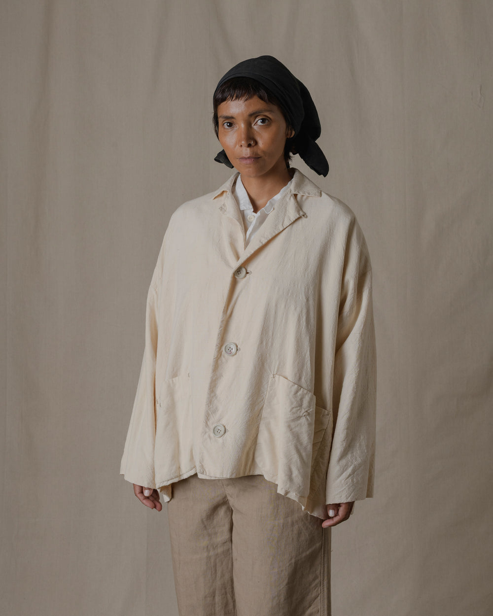 Handwoven Stole Jacket with Lining Silk in Natural