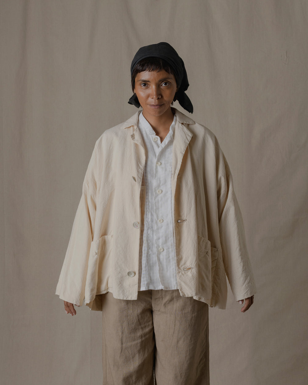 Handwoven Stole Jacket with Lining Silk in Natural