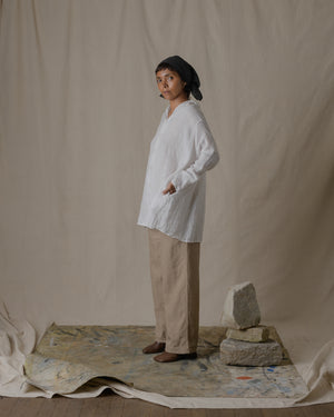 Stole Shirt Linen Ramie Check  Off White