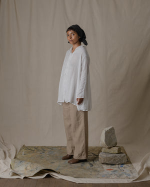 Stole Shirt Linen Ramie Check  Off White