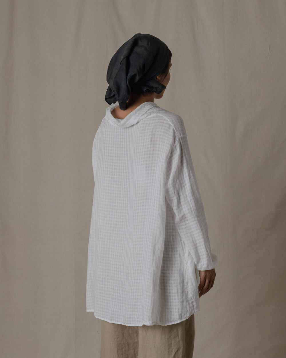 Stole Shirt Linen Ramie Check  Off White