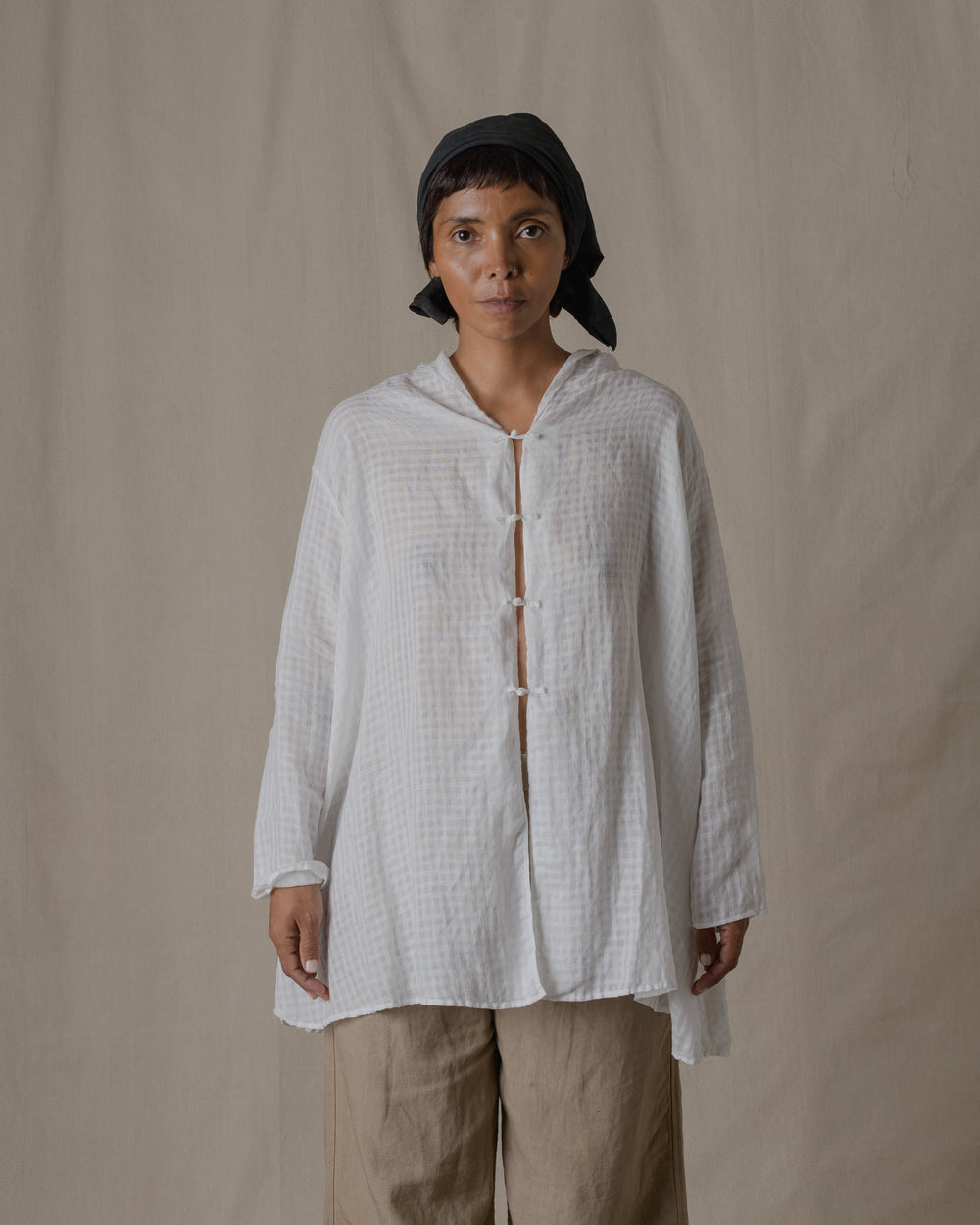 Stole Shirt Linen Ramie Check  Off White