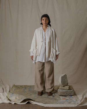 Stole Shirt Linen Ramie Check  Off White
