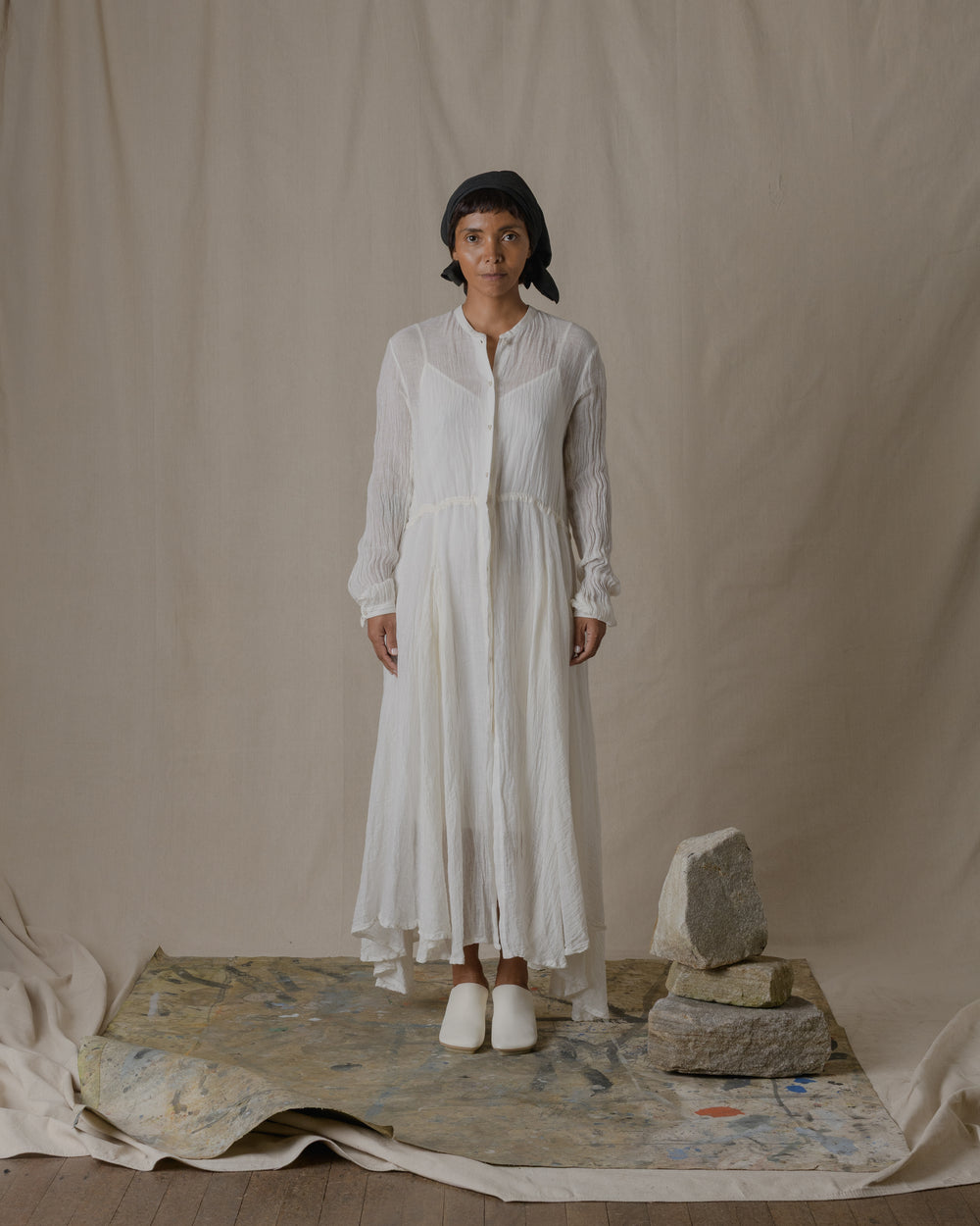 Long Shirt Dress One Piece Linen Gauze in Off White O/S