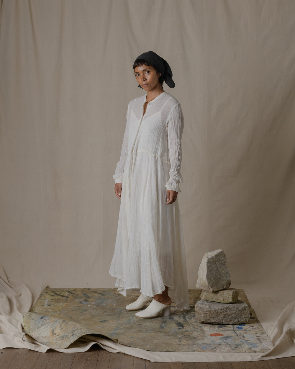 Long Shirt Dress One Piece Linen Gauze in Off White O/S