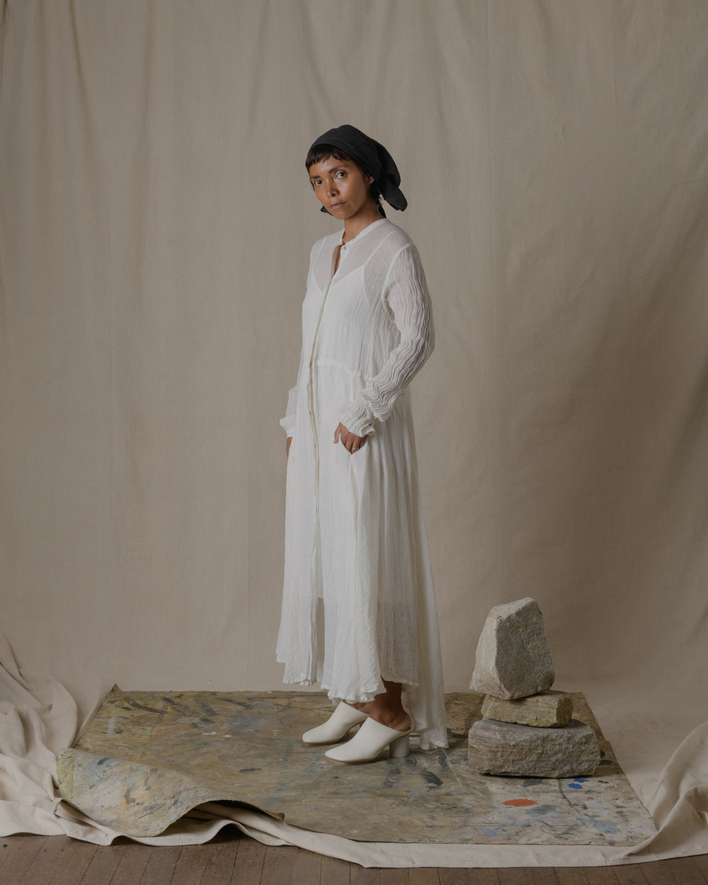 Long Shirt Dress One Piece Linen Gauze in Off White O/S