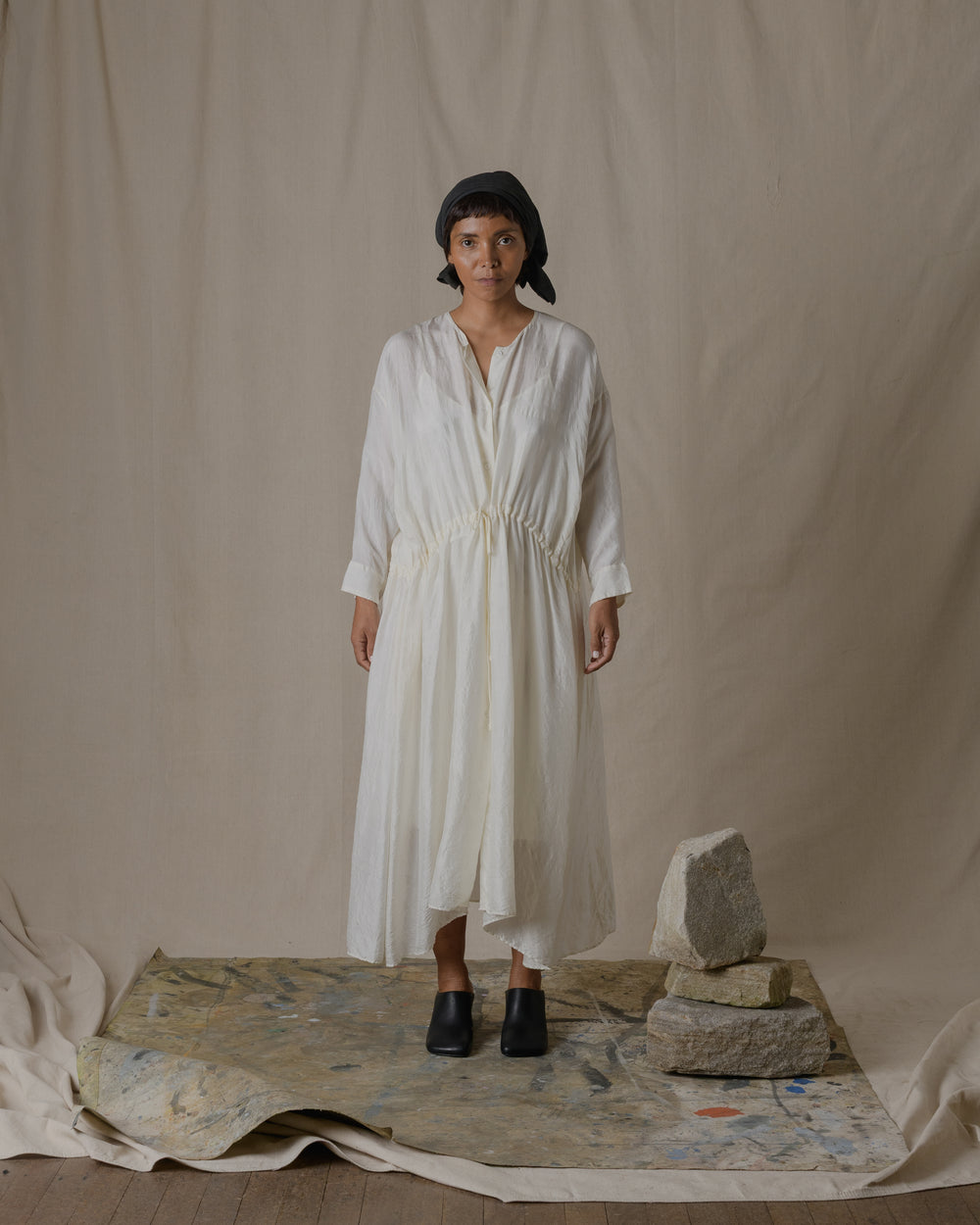 Front Button Open Dress Silk in Natural O/S