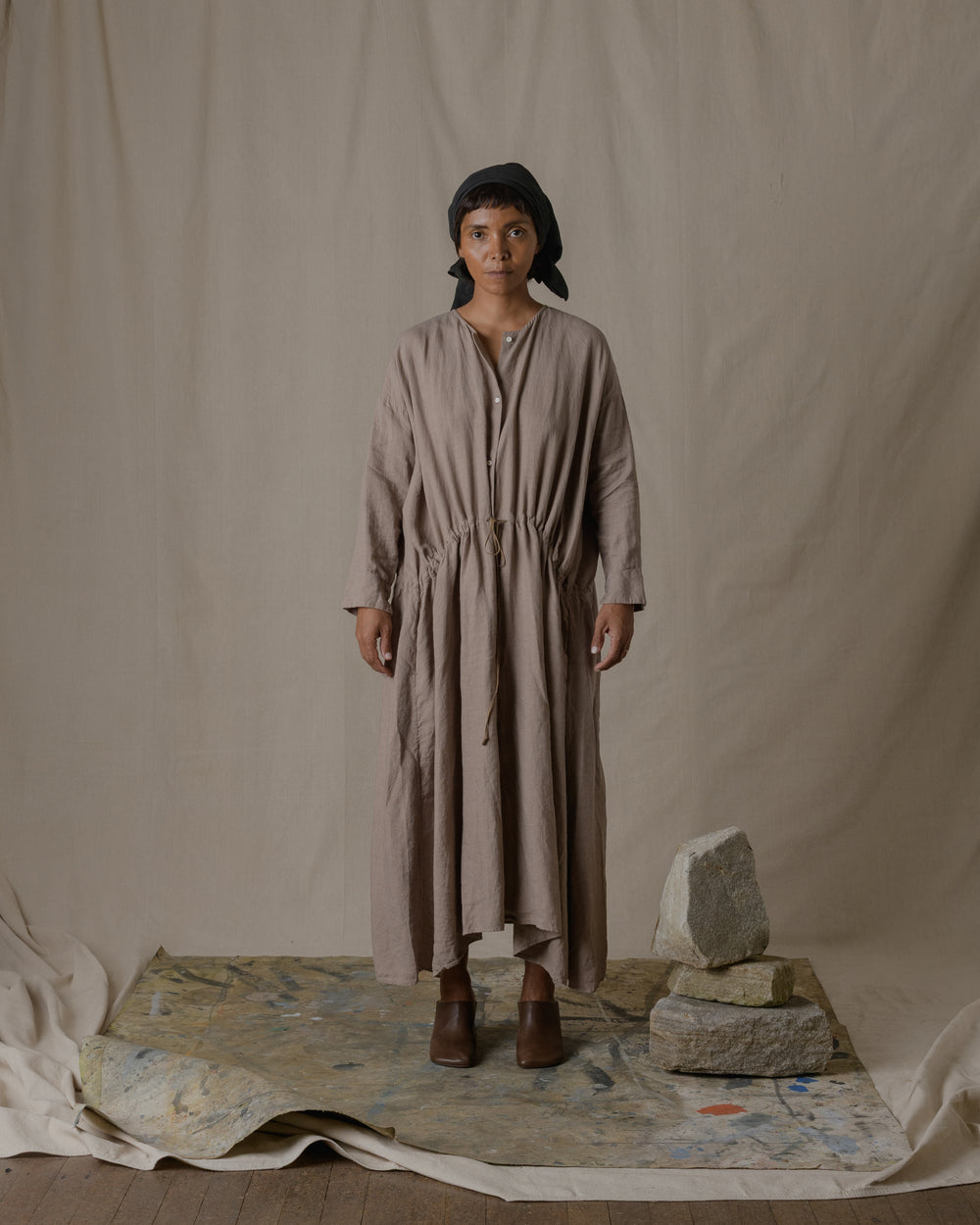 Front Button Open Dress Silk Linen Twill - Beige O/S