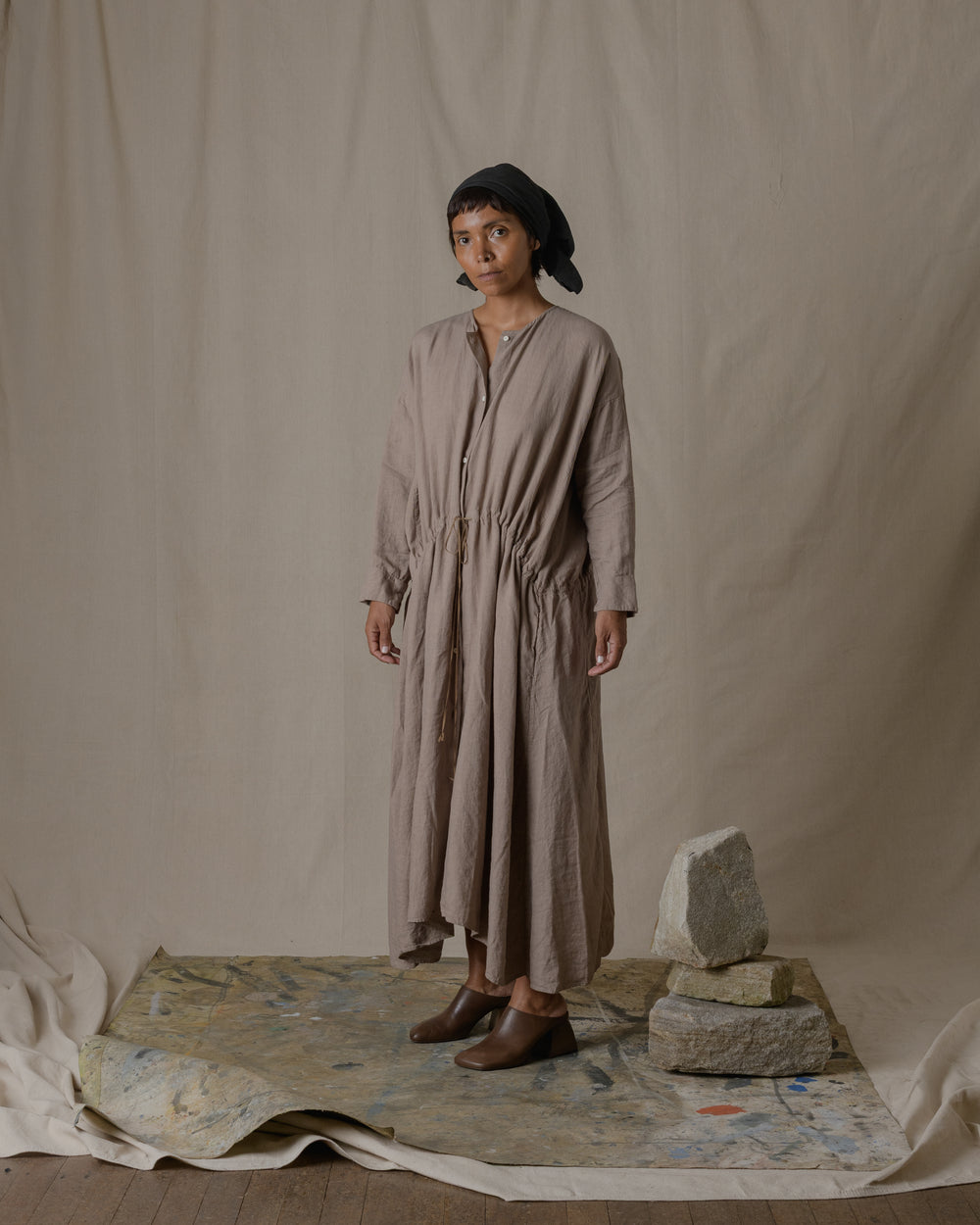 Front Button Open Dress Silk Linen Twill - Beige O/S