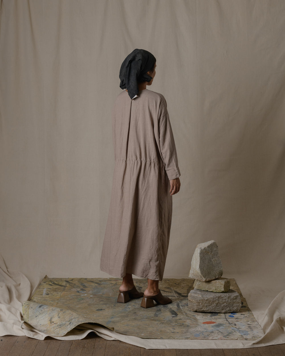 Front Button Open Dress Silk Linen Twill - Beige O/S