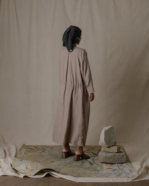 Front Button Open Dress Silk Linen Twill - Beige O/S