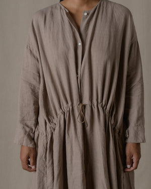 Front Button Open Dress Silk Linen Twill - Beige O/S
