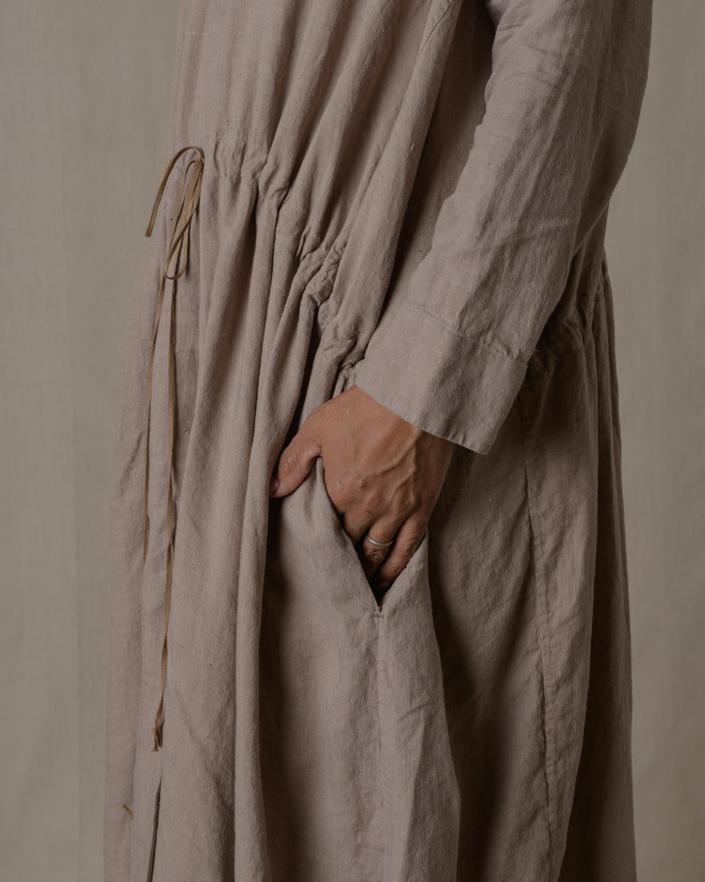 Front Button Open Dress Silk Linen Twill - Beige O/S
