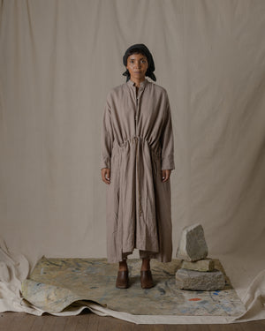 Stand Collar Pullover Dress Silk Linen Twill in Beige O/S