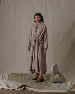 Stand Collar Pullover Dress Silk Linen Twill in Beige O/S