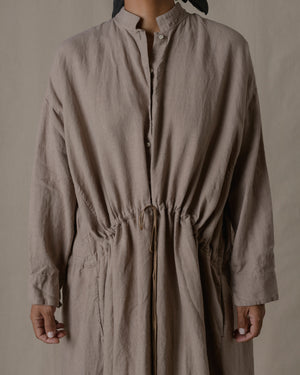 Stand Collar Pullover Dress Silk Linen Twill in Beige O/S