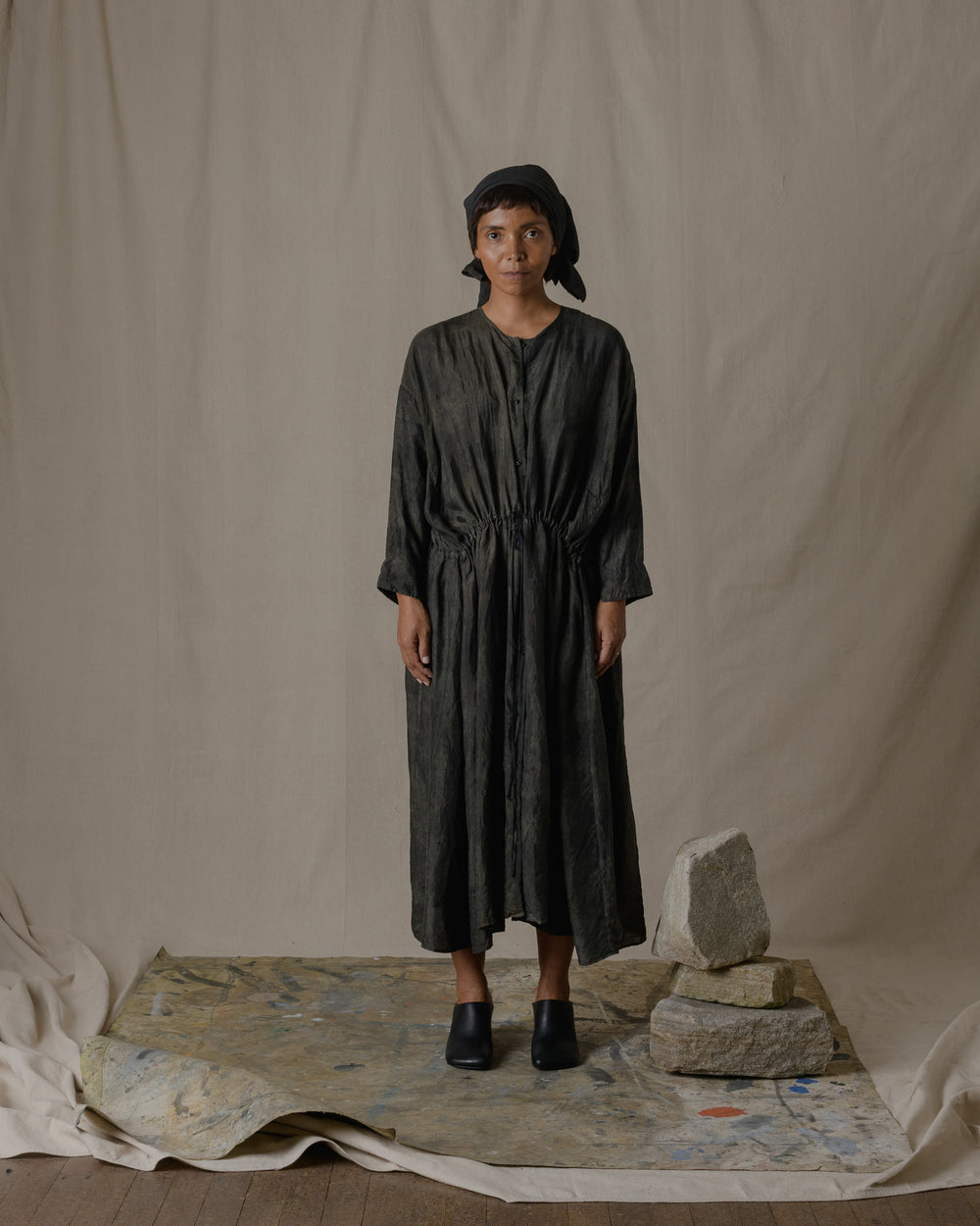 Front Button Open Dress Khadi Silk in Ash Glaze O/S