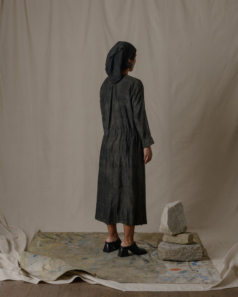Front Button Open Dress Khadi Silk in Ash Glaze O/S