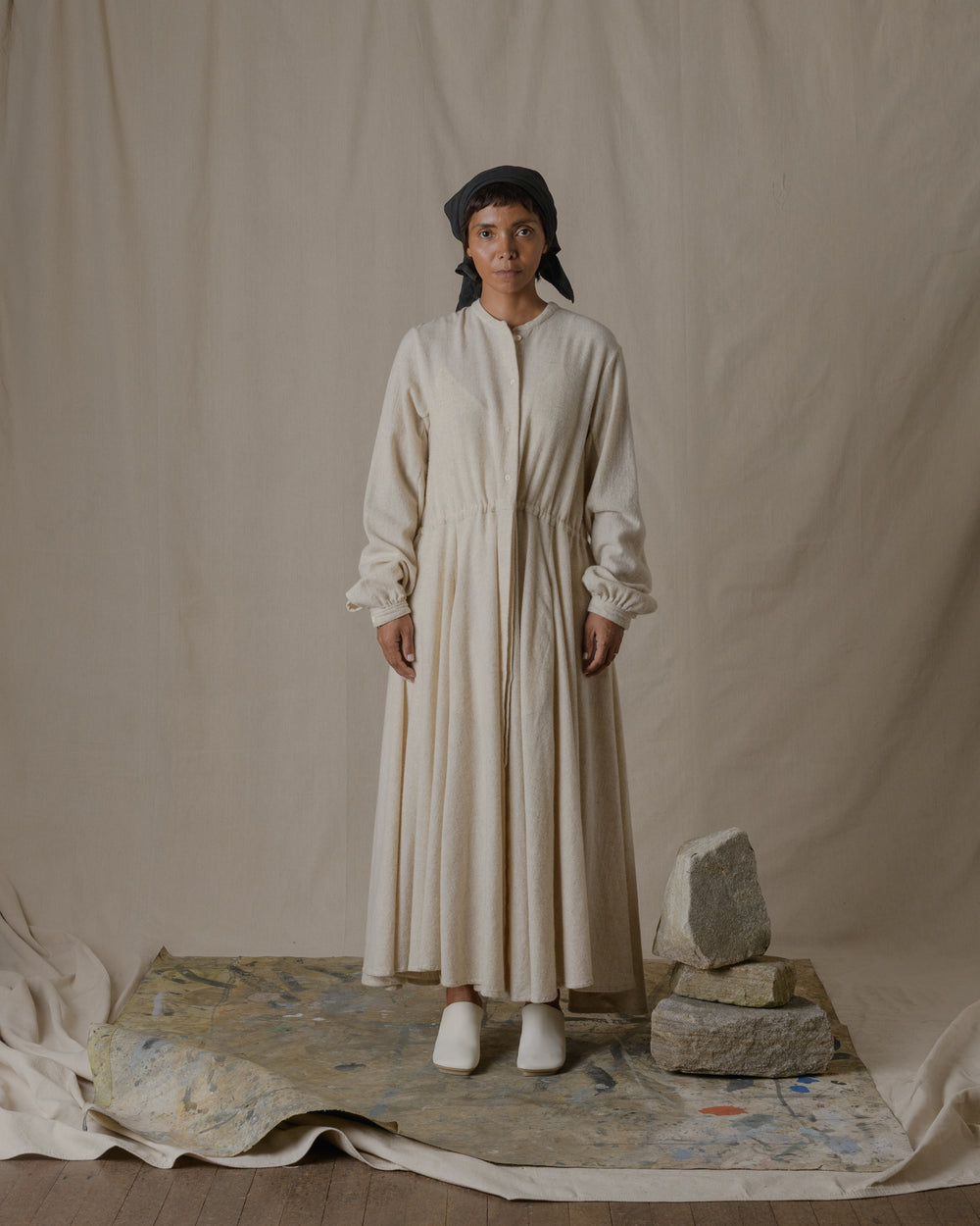 Long Shirt Dress One Piece Wool Cashmere in Ecru O/S