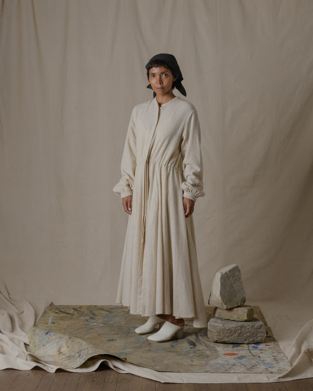 Long Shirt Dress One Piece Wool Cashmere in Ecru O/S