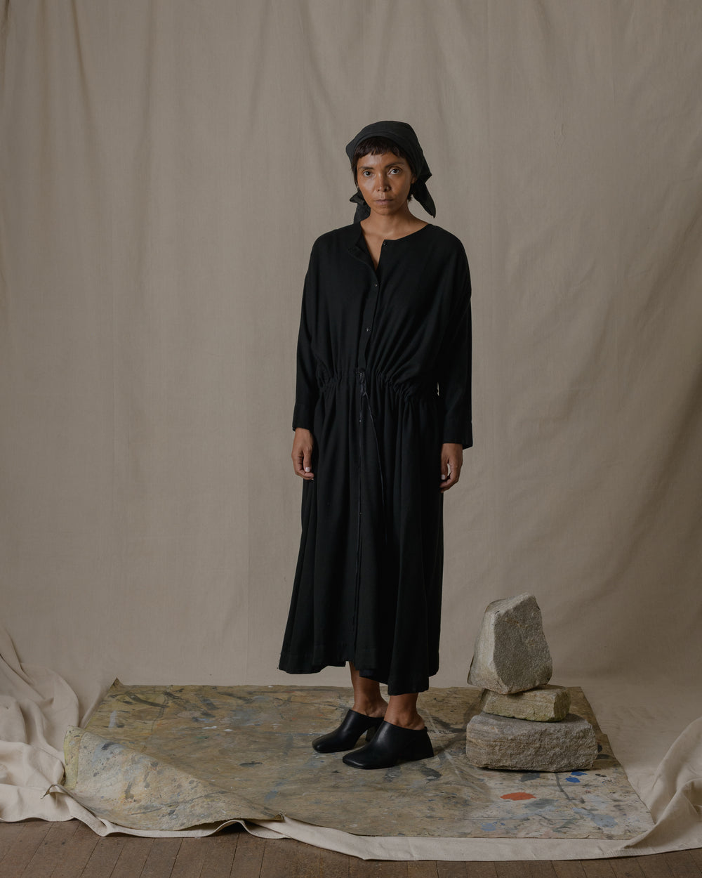 Front Button Open Dress Silk in Black O/S