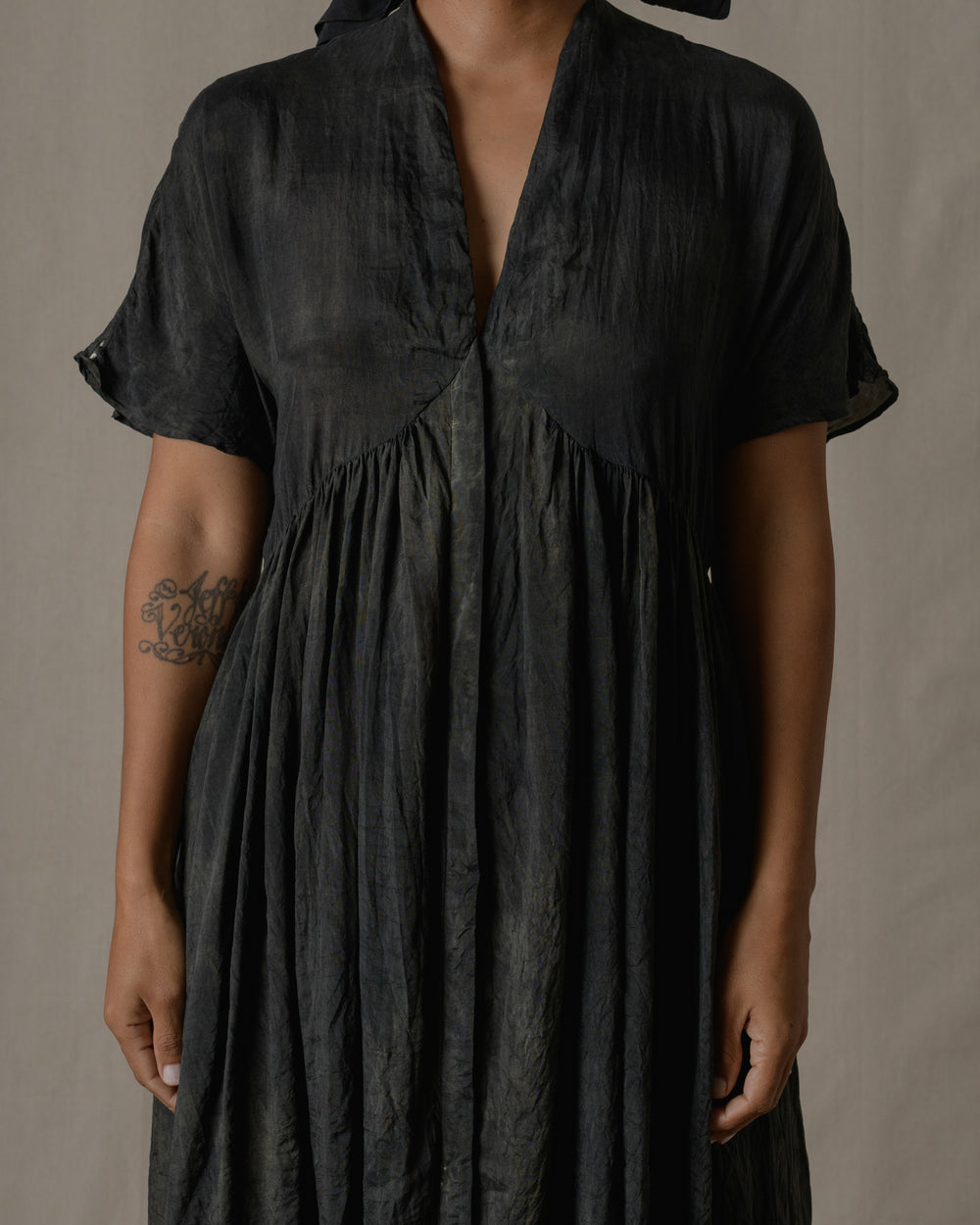 Fly Front Gather Dress Khadi Silk in Ash Glaze O/S