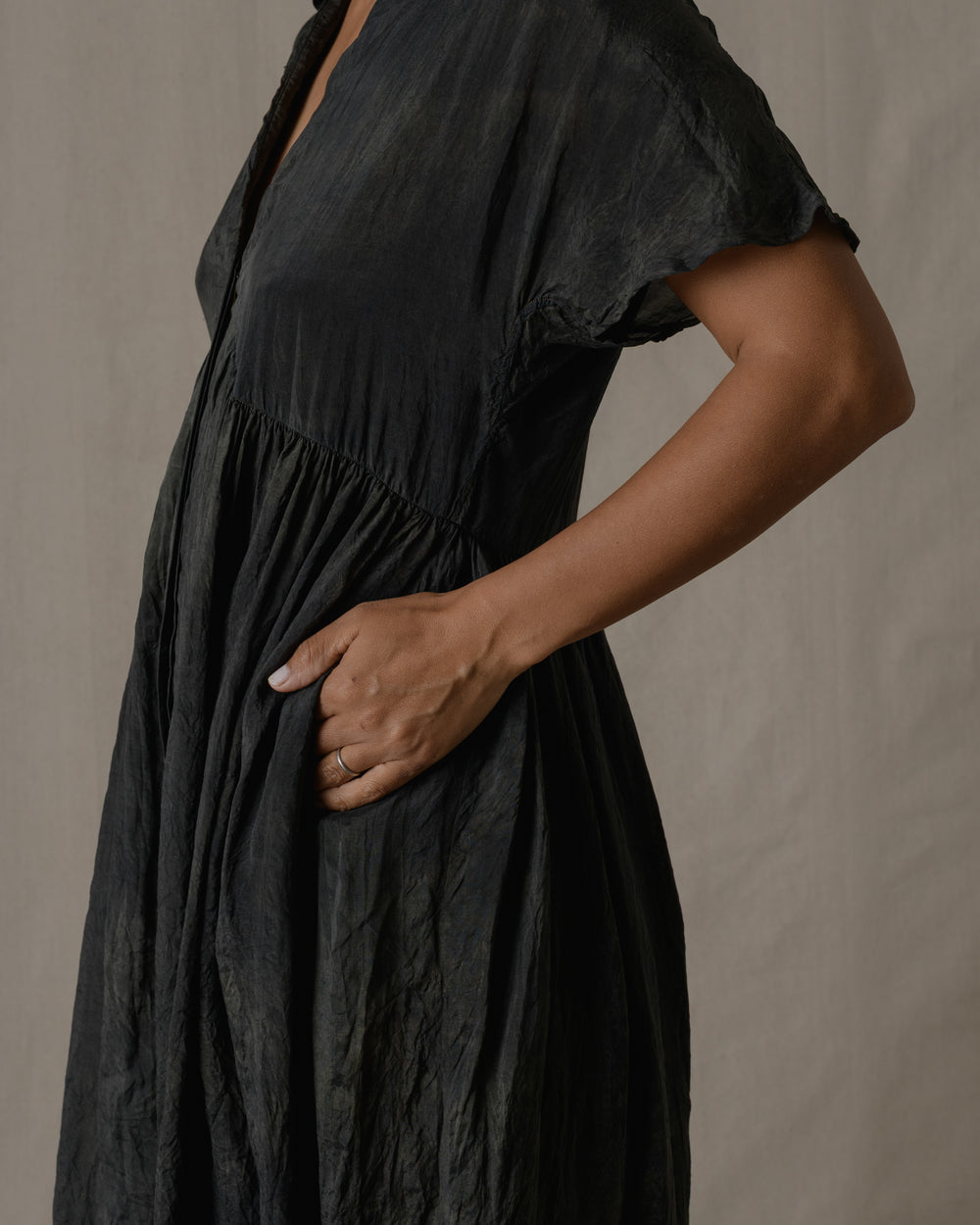 Fly Front Gather Dress Khadi Silk in Ash Glaze O/S