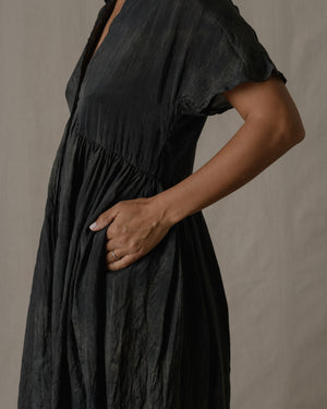 Fly Front Gather Dress Khadi Silk in Ash Glaze O/S