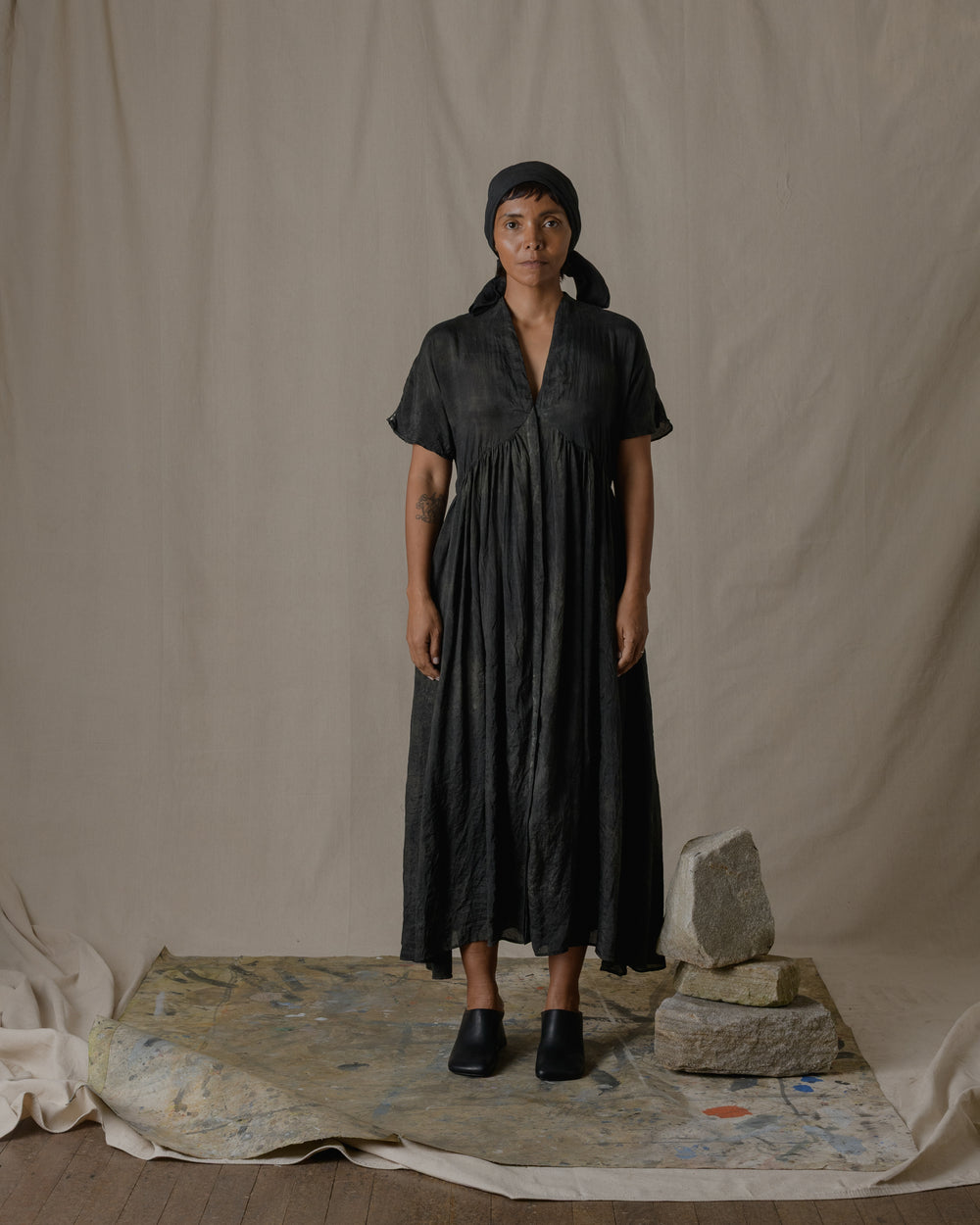 Fly Front Gather Dress Khadi Silk in Ash Glaze O/S
