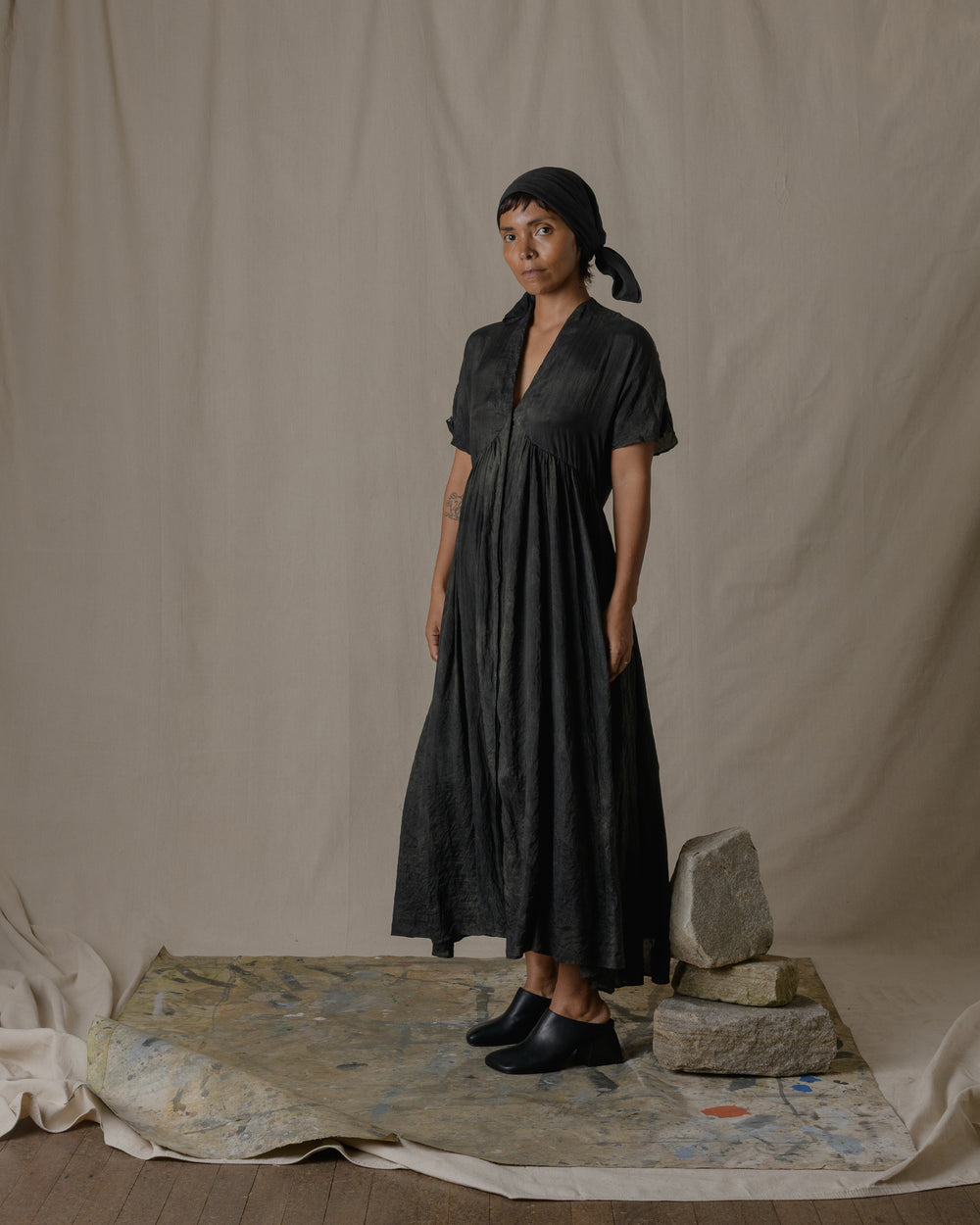 Fly Front Gather Dress Khadi Silk in Ash Glaze O/S