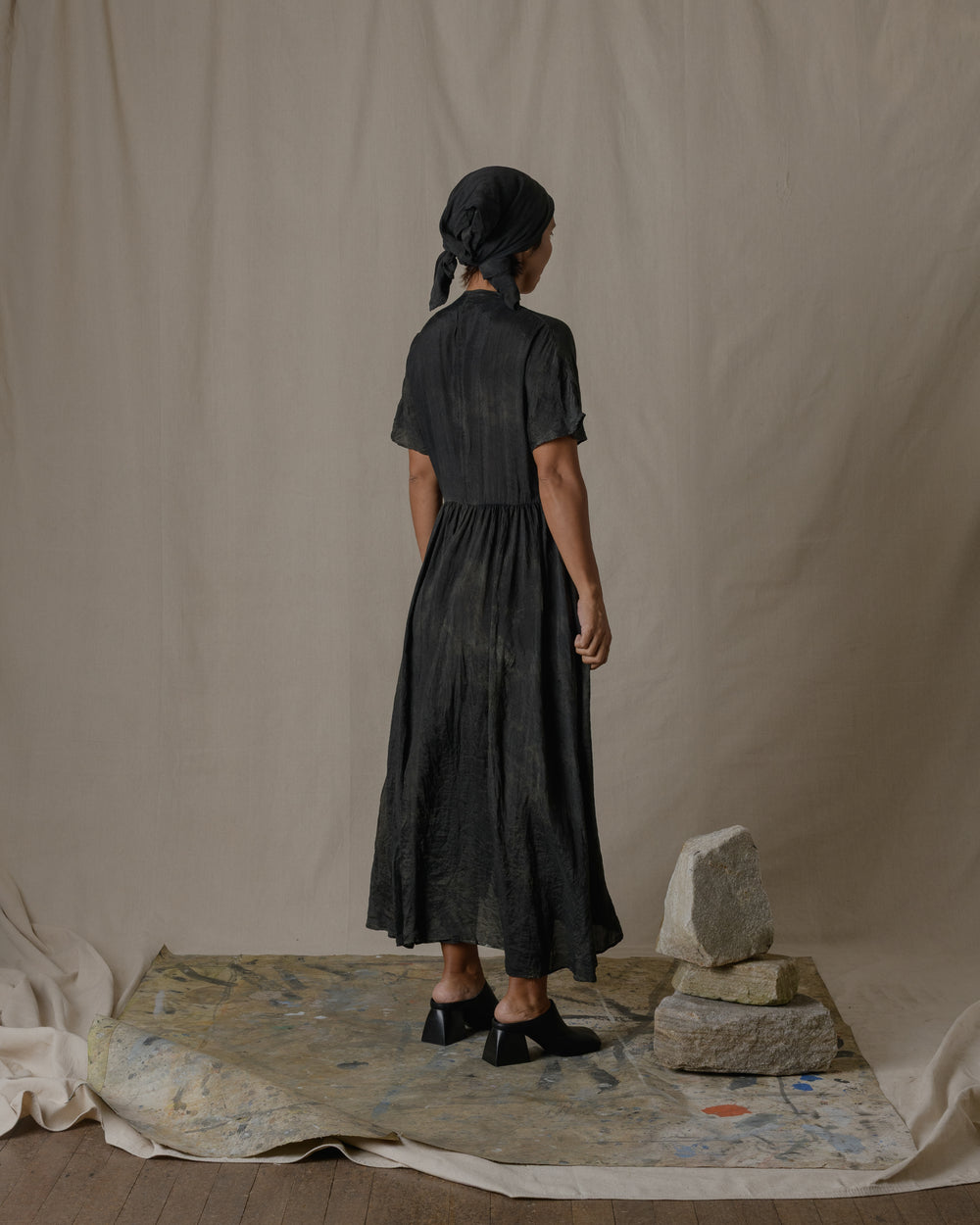 Fly Front Gather Dress Khadi Silk in Ash Glaze O/S