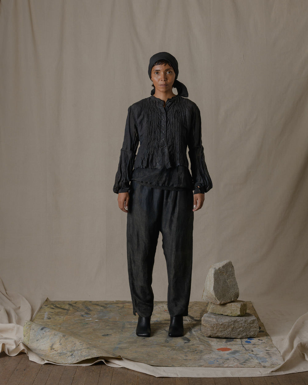 Pintuck Blouse Silk Linen in Ash Glaze
