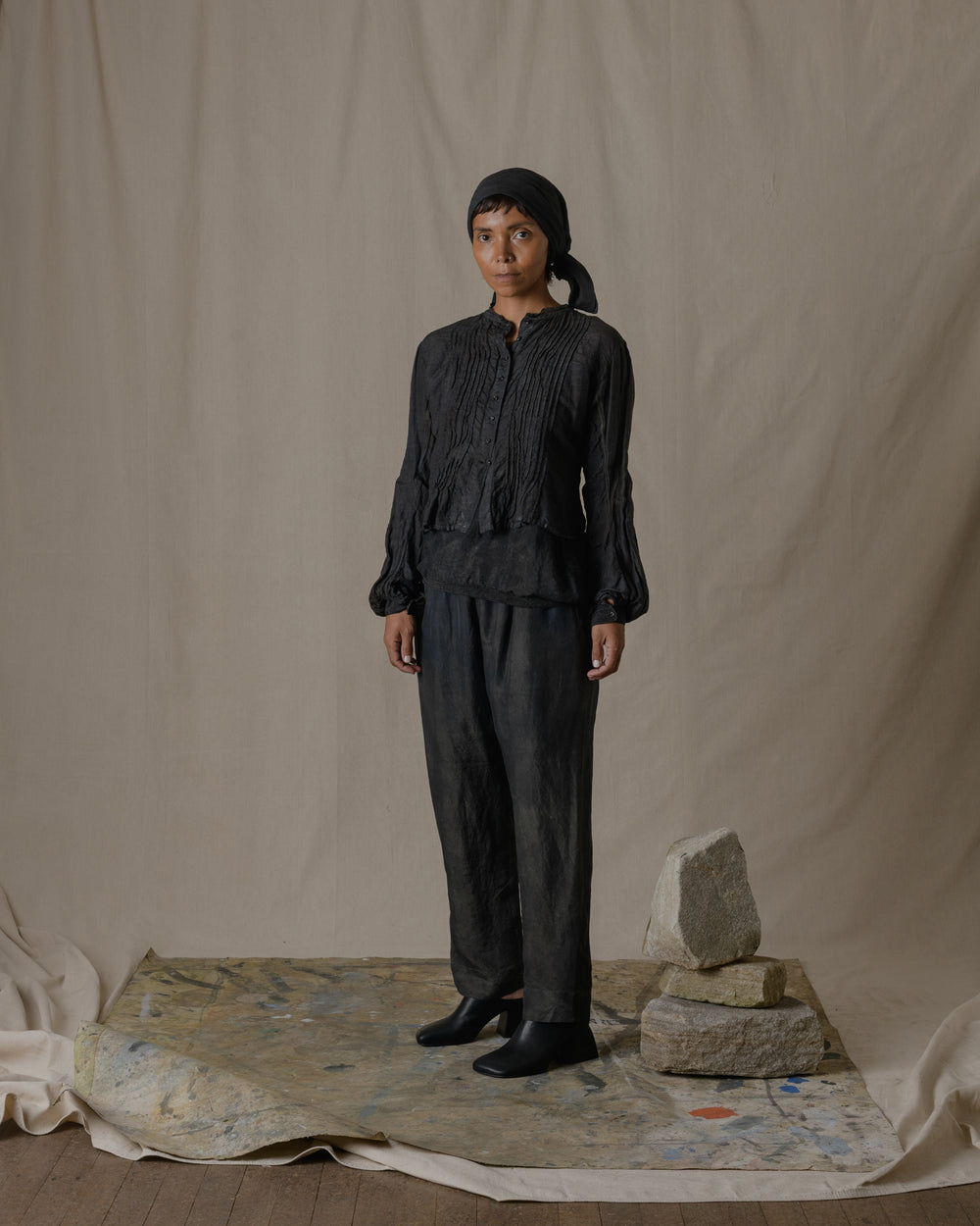 Pintuck Blouse Silk Linen in Ash Glaze