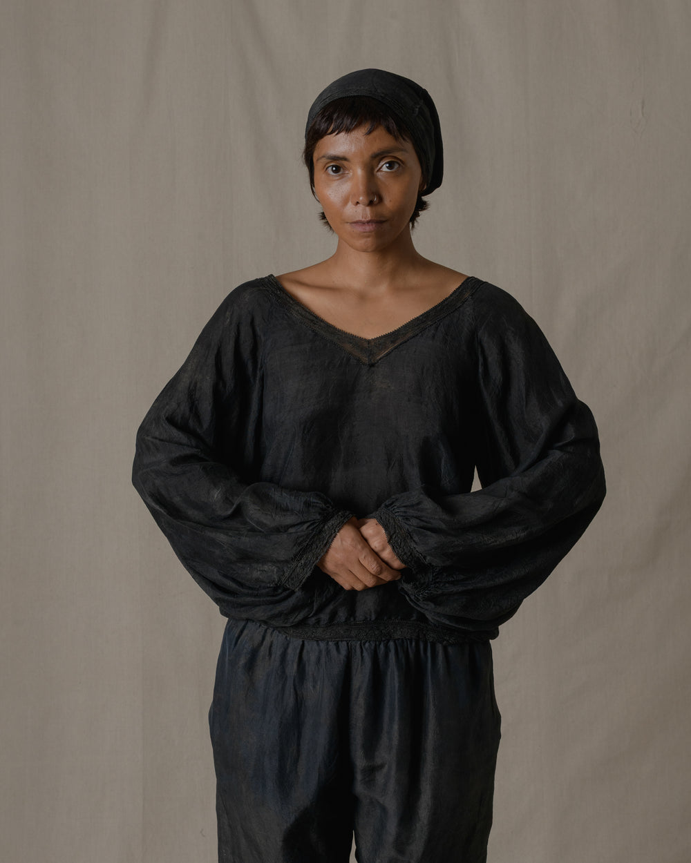 V-Neck Lace Blouse Khadi Silk inAsh Glaze O/S