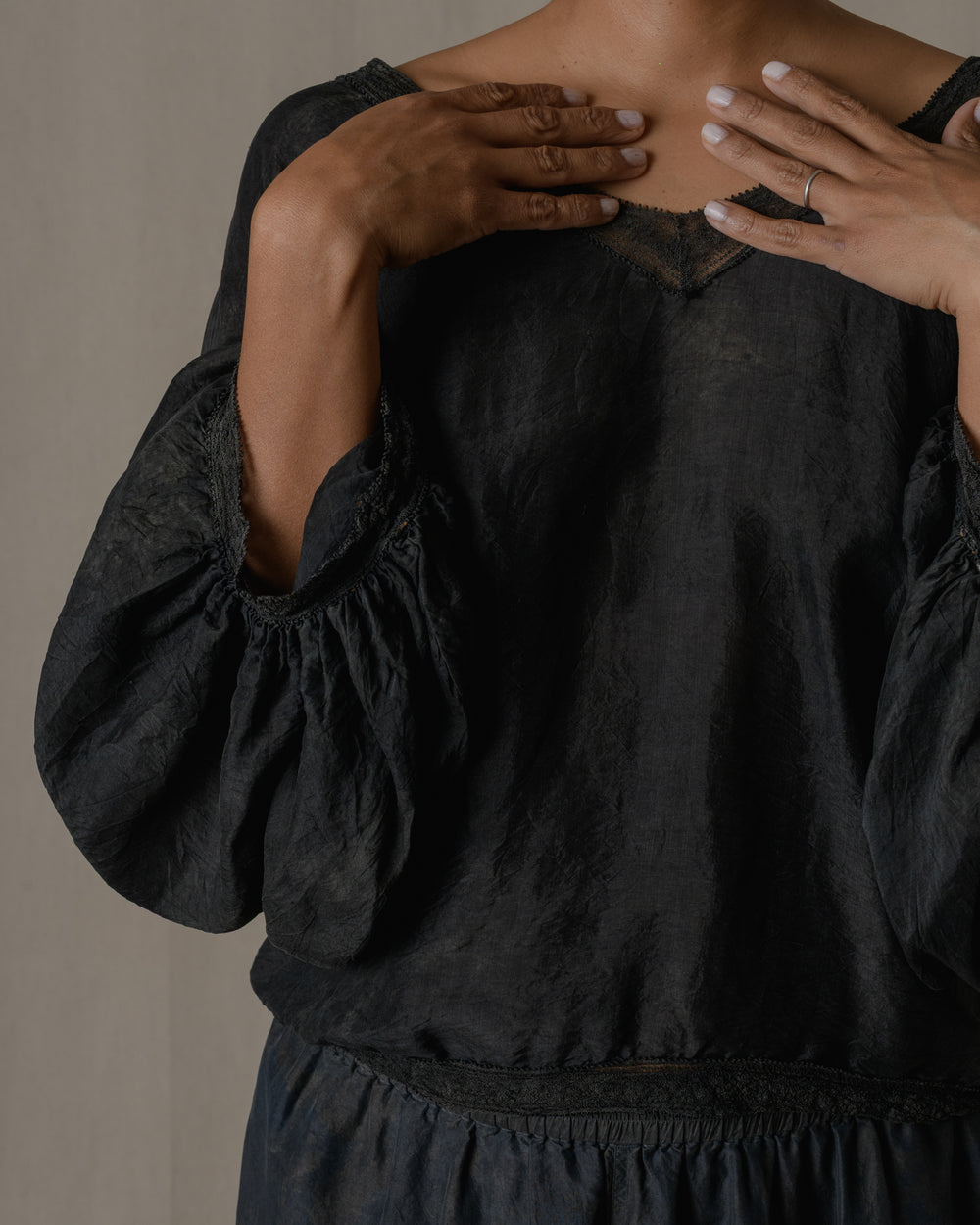 V-Neck Lace Blouse Khadi Silk inAsh Glaze O/S