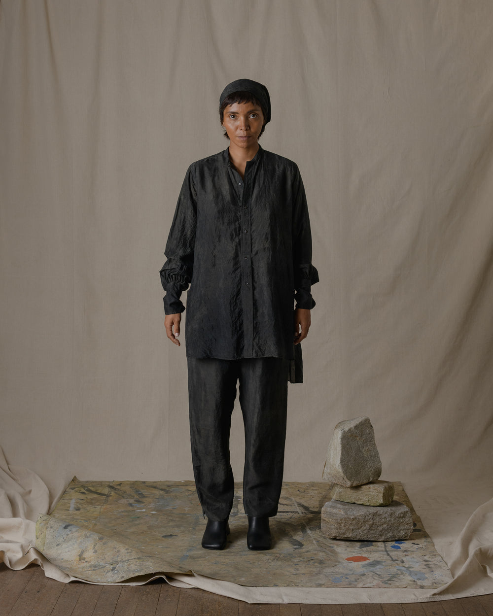 Stand Collar Shirt Dress Khadi Silk in Ash Glaze