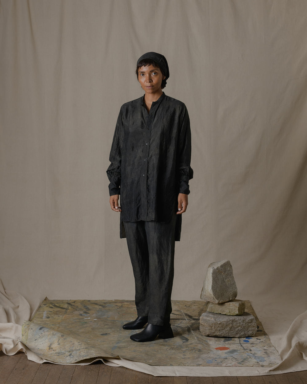 Stand Collar Shirt Dress Khadi Silk in Ash Glaze