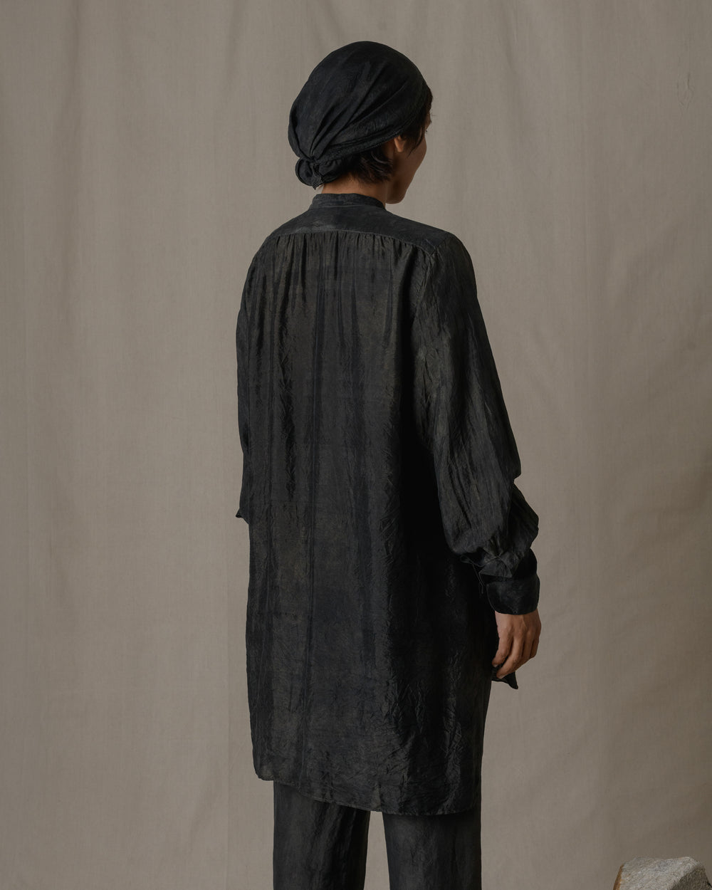 Stand Collar Shirt Dress Khadi Silk in Ash Glaze