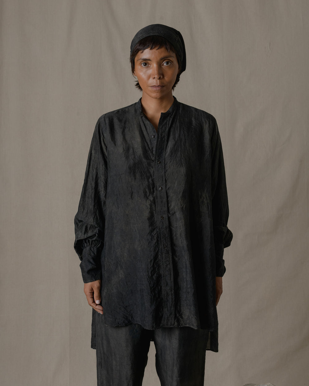 Stand Collar Shirt Dress Khadi Silk in Ash Glaze