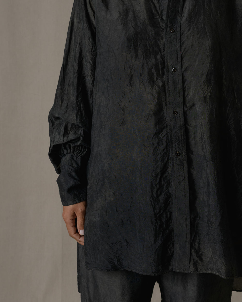 Stand Collar Shirt Dress Khadi Silk in Ash Glaze
