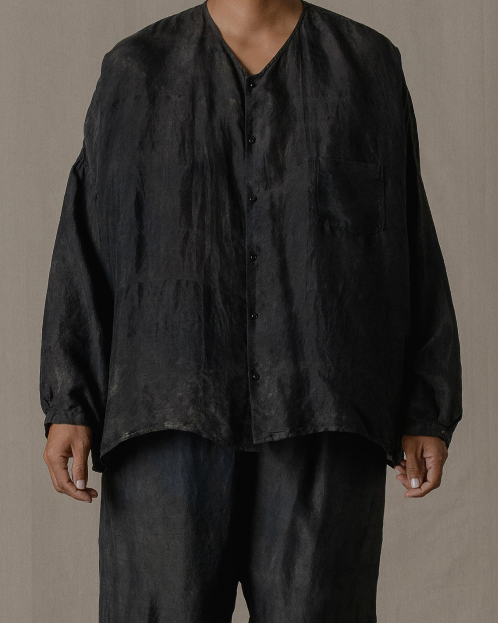No Collar Shirt Wide Khadi Silk in Ash Glaze